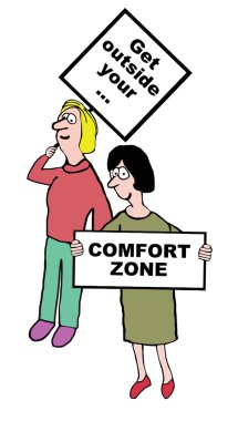 Cartoon of businesswomen, get outside your comfort zone clipart
