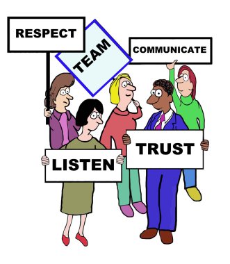 Cartoon of team characteristics and qualities clipart