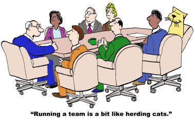 Cartoon of businessman, running a team like herding cats clipart