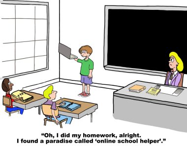 Karikatür Internet keşfeden öğrenci.