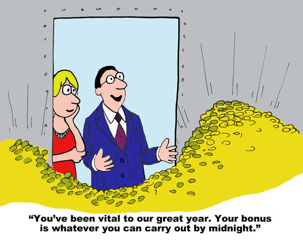 Cartoon of businessman rewarding businesswoman
