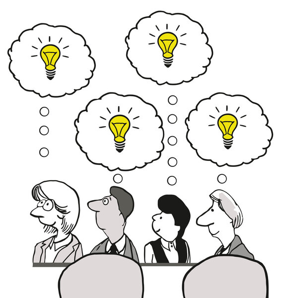 Карикатура деловой встречи с множеством идей
