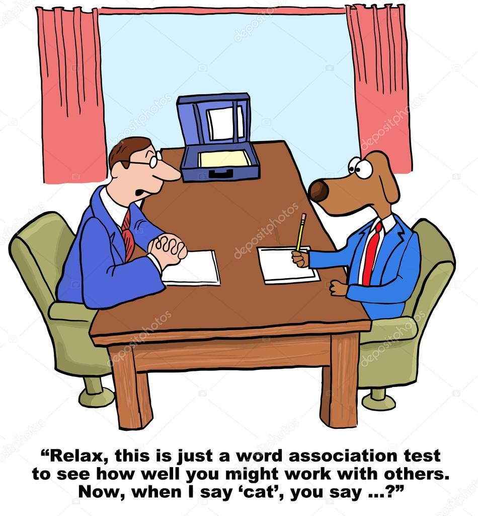 Business dog being given personality test.