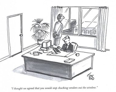 Patron işçilere satıcıları pencereden atmamalarını söylüyor.