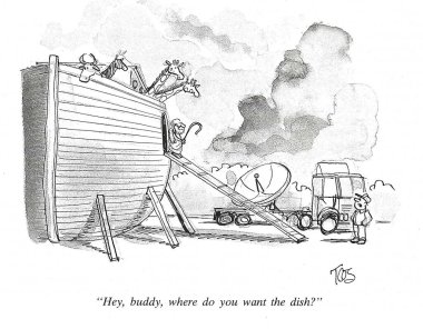 İşçi Noah 'ın gemisine bir televizyon anteni getiriyor.