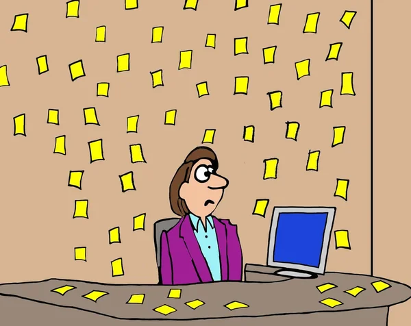 Липкі жовті нотатки всюди в офісі ділової жінки — стокове фото