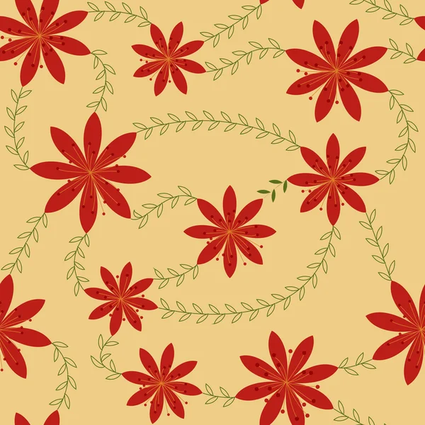 Flores rojas con patrón de estambres retro — Vector de stock