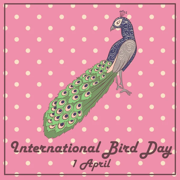 Giornata degli uccelli con pavone vintage — Vettoriale Stock