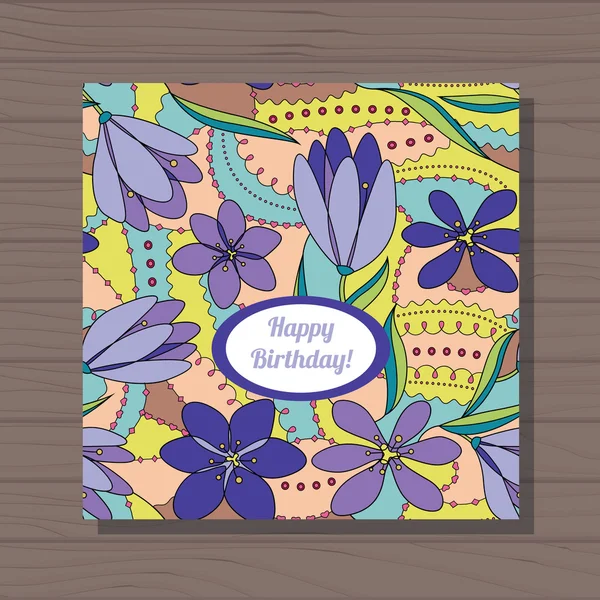 Joyeux anniversaire carte avec crocus sur fond en bois — Image vectorielle