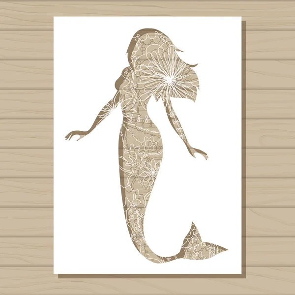 Stencil template of mermaid on wooden background — Stock Vector