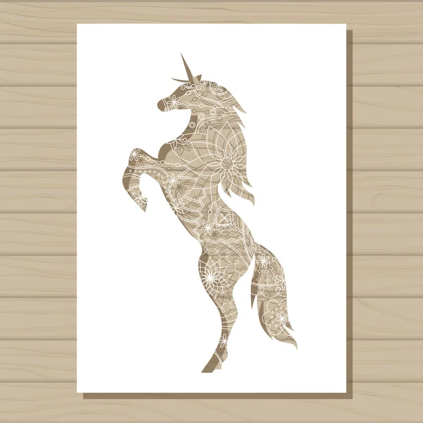 Stencil template of unicorn on wooden background — Stock Vector