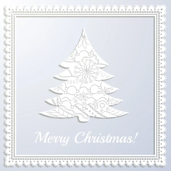 Merry Christmas white paper card with applique tree and frame — Stock Vector