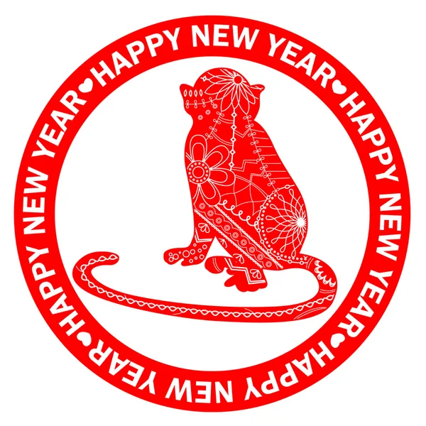 Maymun ile kırmızı mutlu yeni yıl etiket — Stok Vektör