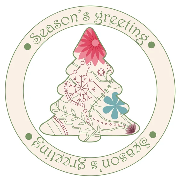 Seasons greeting sticker with christmas tree — Stock Vector