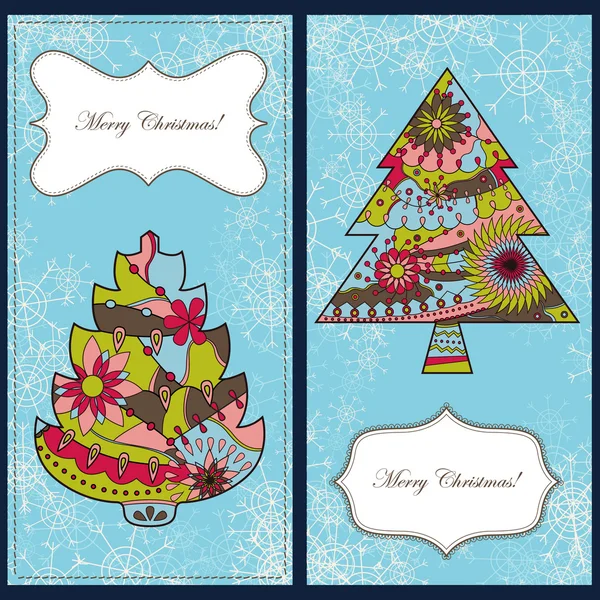 Σύνολο Χριστουγεννιάτικες κάρτες με δέντρα και νιφάδες χιονιού — Διανυσματικό Αρχείο