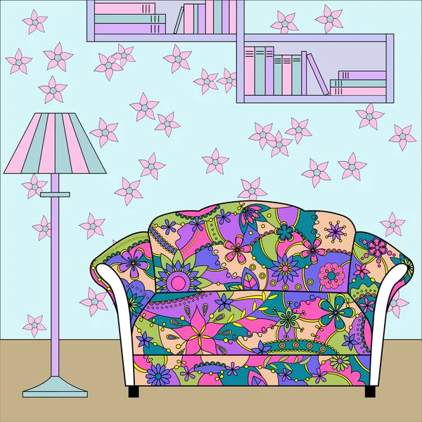 Desenhos animados interior engraçado com sofá pintado silhueta colorida —  Vetores de Stock