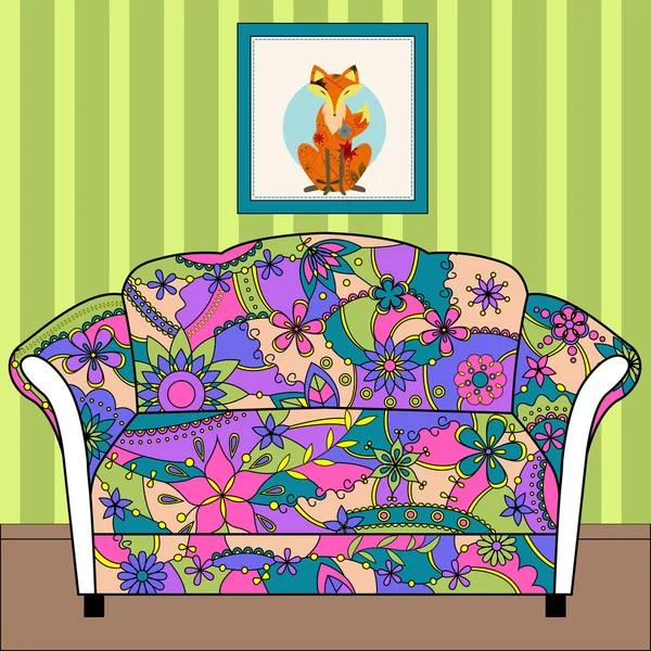 Мультфільм інтер'єр з диваном пофарбований барвистий силует — стоковий вектор