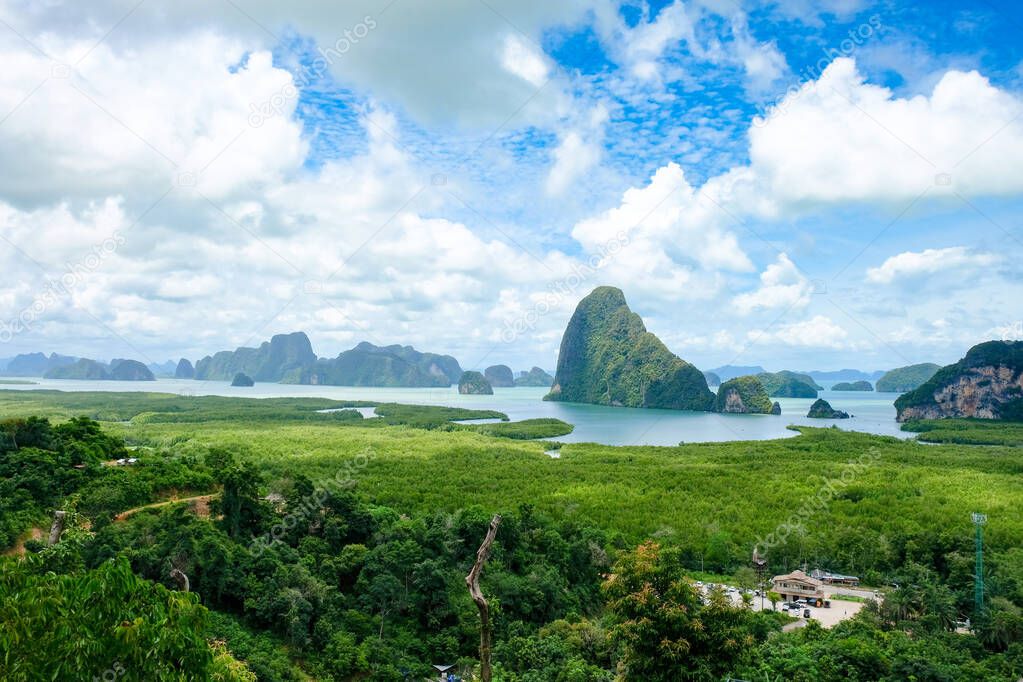 Samed Nang Chee on mountain landscape view point at Phangnga province. Beautiful scene of seascape of jame bond island at Antaman sea in thailand.