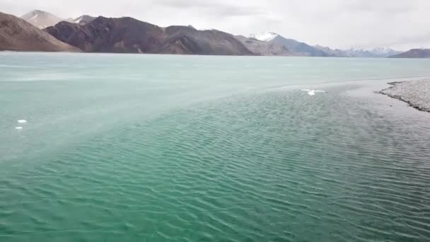 Sur Blue Ice Surface Frozen Lake Drone Aerial View Pangong — Video