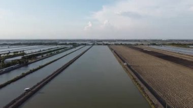 İHA 'nın kuş bakışı görüntüsünden saline 4K. Samut Sakhon, Tayland 'daki tuz tarlası.