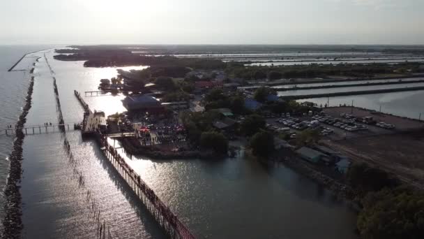 Drone Beautiful Wooden Long Red Bridge Seaside Samut Sakhon Province — Video Stock