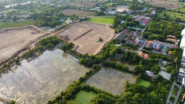 Pirinç Ekmeden Önce Toprağı Yüksek Açılı Tarla Tarlası Hazırlıyordu Clay — Stok fotoğraf