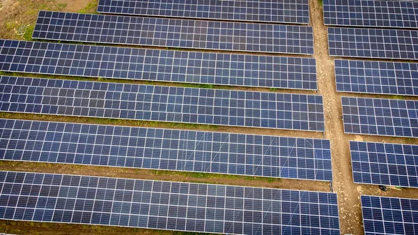 Aerial View Modern Solar Farm Solar Panels Station Collect Green — Stock Photo, Image