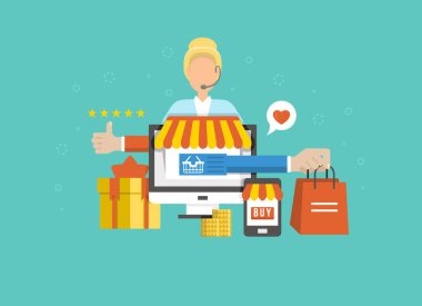 Düz 3d izometrik çevrimiçi e-ticaret web bilgi konsepti vektörü. İnternet satış arabası, ödeme, çek, hediye kutusu. Tabletten alınan kredi kartı çubuğu, bilgisayardan alınan kağıt torba..