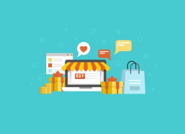 Düz 3d izometrik çevrimiçi e-ticaret web bilgi konsepti vektörü. İnternet satış arabası, ödeme, çek, hediye kutusu. Tabletten alınan kredi kartı çubuğu, bilgisayardan alınan kağıt torba..