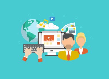 Ticarette bir dizi gamifikasyon stratejisi, sosyal medya pazarlamasında yeni bir eğilim ve endüstriyel yenilikler içeren düz tasarım vektör illüstrasyon konsepti.