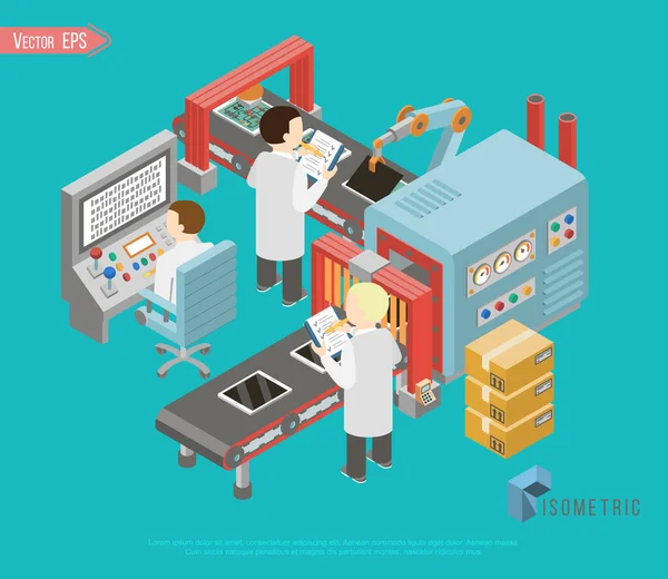 Concepto de línea de producción automatizada isométrica con personas brazos robóticos e ilustración de vectores de proceso de fabricación automática industrial — Vector de stock