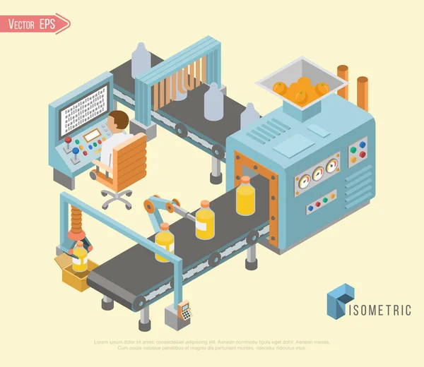 Banderas horizontales de fábrica industrial isométrica con líneas automatizadas de montaje de producción y procesos de envasado ilustración vectorial — Vector de stock