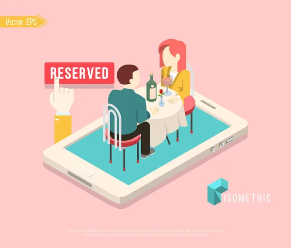 Flacher isometrischer Restauranttisch auf Smartphone-Vektorgrafik. 3D-Isometrie-Konzept für mobile Online-Reservierung. — Stockvektor