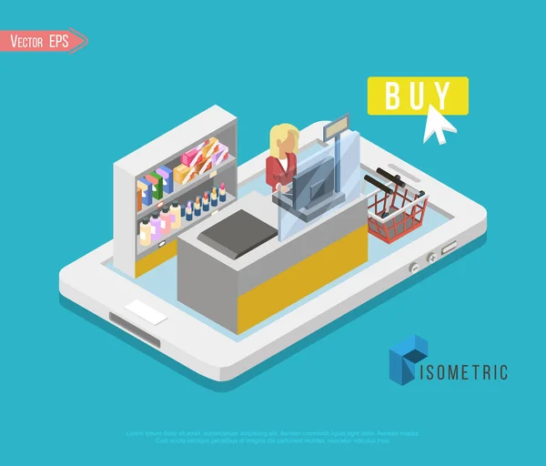 Flat 3d isometric online obchod e-commerce web infographic koncept vektor. Internetový prodej nákupní košík, platba, Pokladna, dárková krabice. Ruční držení kreditní karty z tabletu, papírový sáček z počítače. — Stockový vektor