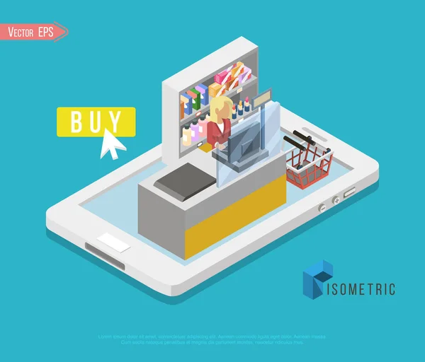 Flat 3d isometric online obchod e-commerce web infographic koncept vektor. Internetový prodej nákupní košík, platba, Pokladna, dárková krabice. Ruční držení kreditní karty z tabletu, papírový sáček z počítače. — Stockový vektor