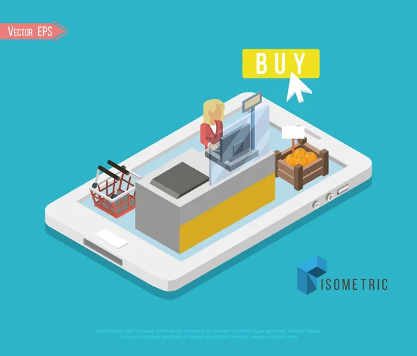 Flat 3d isometric online obchod e-commerce web infographic koncept vektor. Internetový prodej nákupní košík, platba, Pokladna, dárková krabice. Ruční držení kreditní karty z tabletu, papírový sáček z počítače. — Stockový vektor