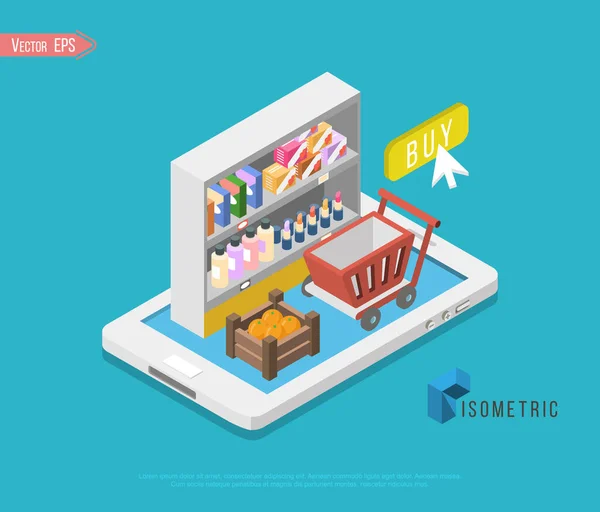 Flat 3d isometric online obchod e-commerce web infographic koncept vektor. Internetový prodej nákupní košík, platba, Pokladna, dárková krabice. Ruční držení kreditní karty z tabletu, papírový sáček z počítače. — Stockový vektor