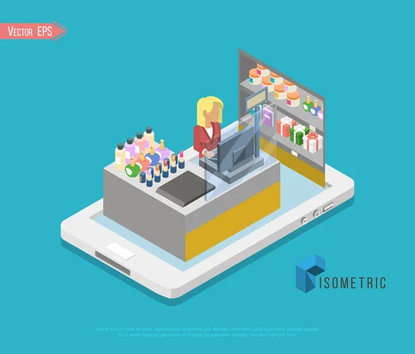 Flache 3d isometrische Online-Shop E-Commerce Web-Infografik Konzeptvektor. Internet-Verkauf Warenkorb, Zahlung, Kasse, Geschenkbox. Kreditkartenstick in der Hand vom Tablet, Papiertüte vom Computer. — Stockvektor
