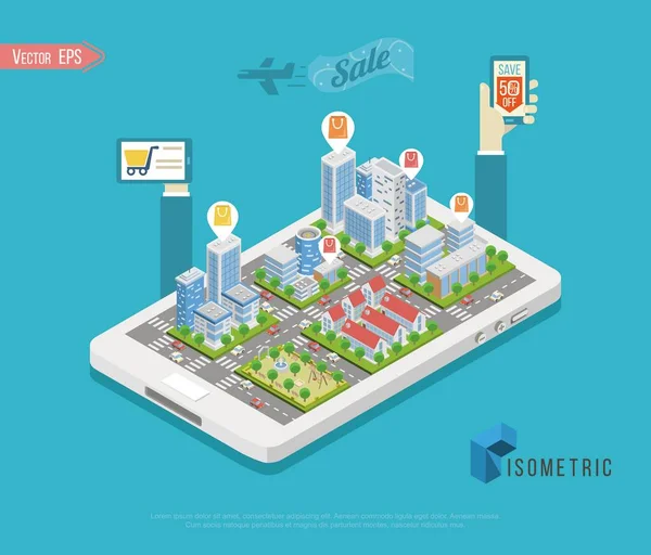 Vektor izometrikus városközpont térkép felhőkarcolókkal, irodákkal és üzletekkel — Stock Vector