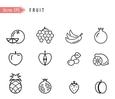 Meyvelerle İlgili Basit Vektör Çizgisi Simgeleri. Çilek, portakal, karpuz ve daha fazlası gibi simgeler içerir.