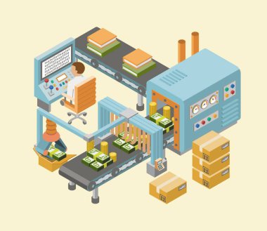 Otomatik üretim montaj ve ambalaj süreci vektör illüstrasyonuna sahip Isometric sanayi fabrikası yatay afişleri