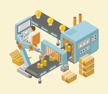 Otomatik üretim montaj ve ambalaj süreci vektör illüstrasyonuna sahip Isometric sanayi fabrikası yatay afişleri