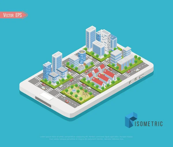 Carte isométrique vectorielle du centre-ville avec gratte-ciel, bureaux et magasins — Image vectorielle