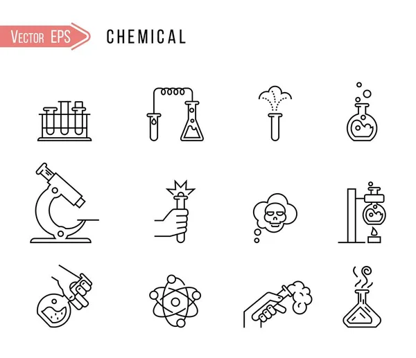 Ikony laboratorium chemicznego. Wzór chemiczny, Mikroskop i analiza medyczna. Kolba do badań laboratoryjnych, probówka, ikony laboratorium chemicznego. — Wektor stockowy