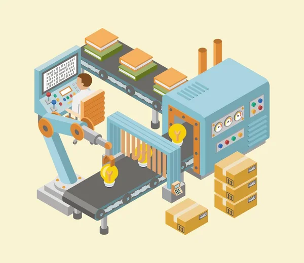 Estandartes horizontais de fábrica industrial isométrica com linhas automatizadas de montagem de produção e processos de embalagem ilustração vetorial —  Vetores de Stock