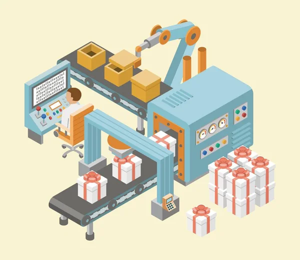 Banderas horizontales de fábrica industrial isométrica con líneas automatizadas de montaje de producción y procesos de envasado ilustración vectorial — Vector de stock