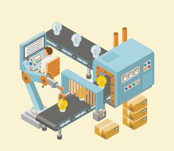 Estandartes horizontais de fábrica industrial isométrica com linhas automatizadas de montagem de produção e processos de embalagem ilustração vetorial — Vetor de Stock