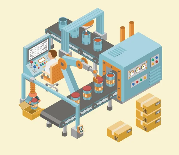 Estandartes horizontais de fábrica industrial isométrica com linhas automatizadas de montagem de produção e processos de embalagem ilustração vetorial — Vetor de Stock
