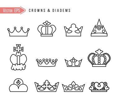 vektör siyah taç simgeleri beyaz üzerine ayarlandı