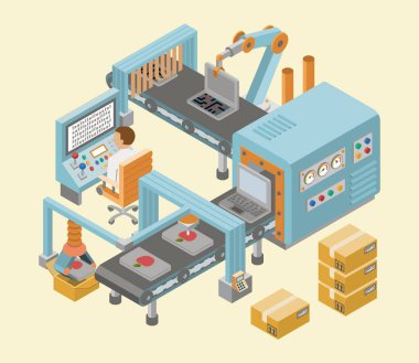 Otomatik üretim montaj ve ambalaj süreci vektör illüstrasyonuna sahip Isometric sanayi fabrikası yatay afişleri